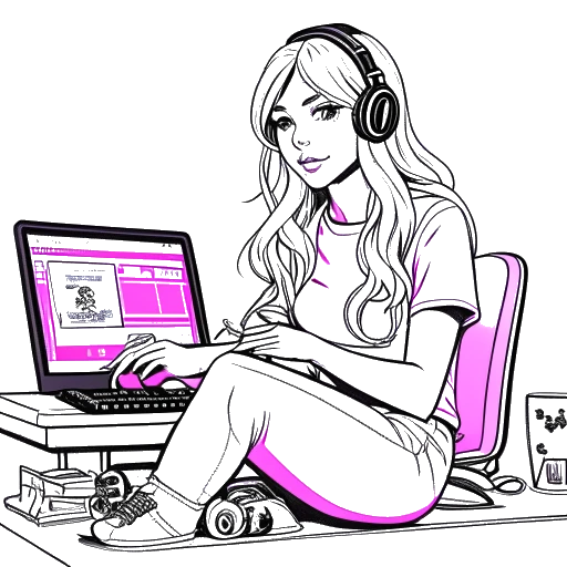 Eine Ein-Linien-Zeichnung einer Frau, die Brittany Venti darstellt. Sie hat lange blonde Haare und trägt ein pinkfarbenes Outfit, während sie einen Spielecontroller hält. Mit verschmitztem Gesichtsausdruck sitzt sie vor einem Computerbildschirm mit den Logos von Twitch und YouTube. Der Hintergrund ist weiß.