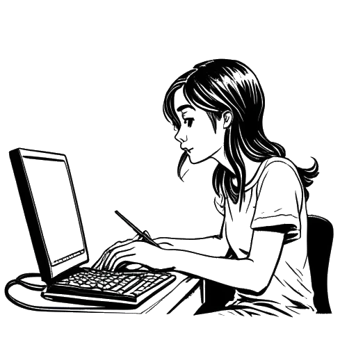 Line art drawing of a woman, representing Brittany Venti, browsing a computer with the 4chan logo in the background