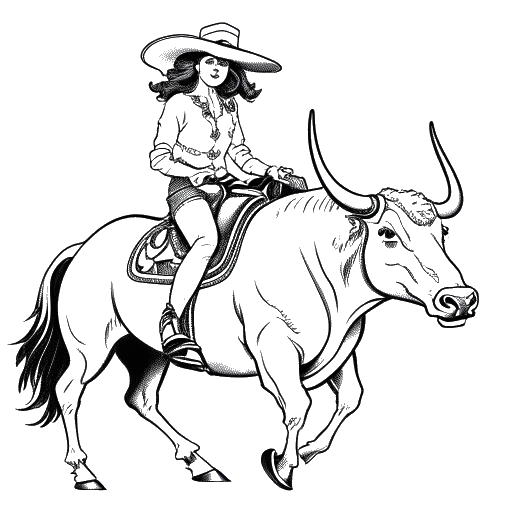 Desenho de arte linear de uma mulher, representando Brittany Venti, montando um touro, com um chapéu de cowboy e um troféu ao fundo