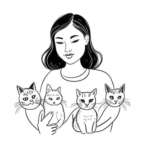 Desenho de arte linear de uma mulher, representando Brittany Venti, segurando dois gatos, com os nomes Pebbles e Rain escritos ao lado deles