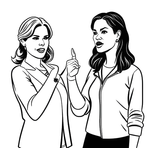 Line drawing of a woman, representing Brittany Venti, pointing at another woman, with symbols of controversy and the name Rachel Wilson in the background, against a white backdrop.