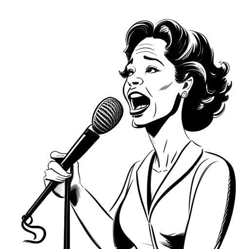 Strichzeichnung einer Frau, die Brittany Venti darstellt, ins Mikrofon sprechend, mit Karikaturen der kritisierten öffentlichen Persönlichkeiten im Hintergrund