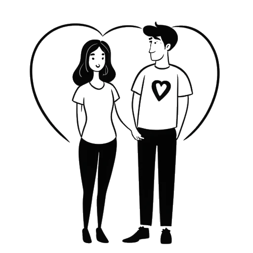 Line art drawing of a woman, representing Brittany Venti, standing next to a man, with a heart and a YouTube logo in the background