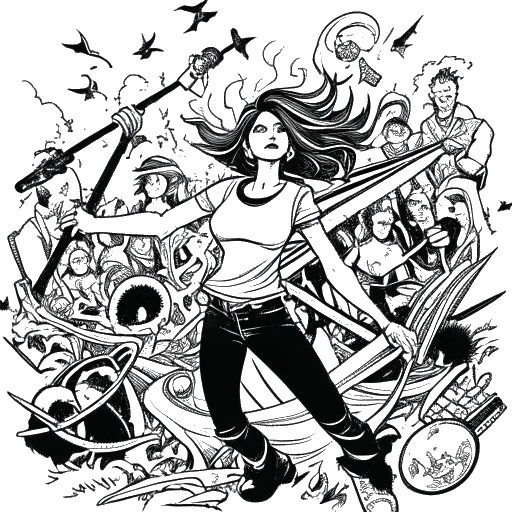 Dibujo en arte lineal de una mujer, que representa a Brittany Venti, rodeada de caos, con símbolos de Antifa y un hombre (Rod 'Slasher' Breslau) en el fondo