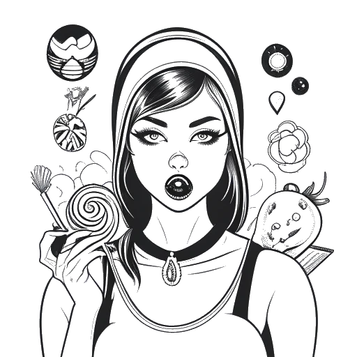 Desenho de arte linear de uma mulher, representando Brittany Venti, segurando um pirulito e usando uma máscara de ninja, com ícones de jogos ao fundo