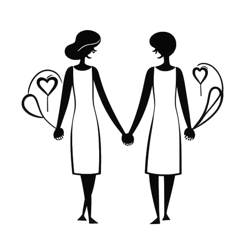 Line art drawing of a woman, representing Brittany Venti, holding hands with a man, with hearts and a streaming logo in the background