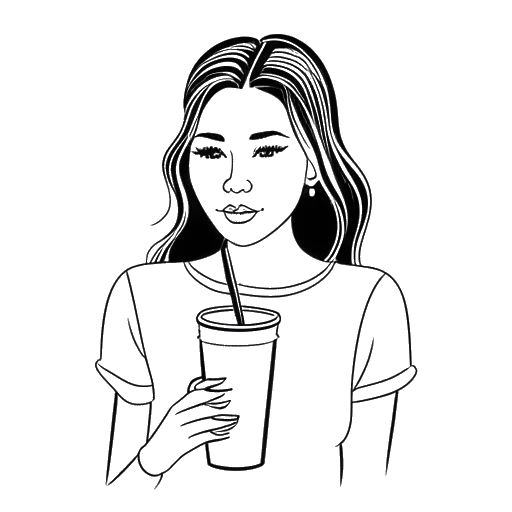 Strichzeichnung einer Frau, die Brittany Venti darstellt, die einen Starbucks-Becher mit dem Wort 'Venti' darauf haltend