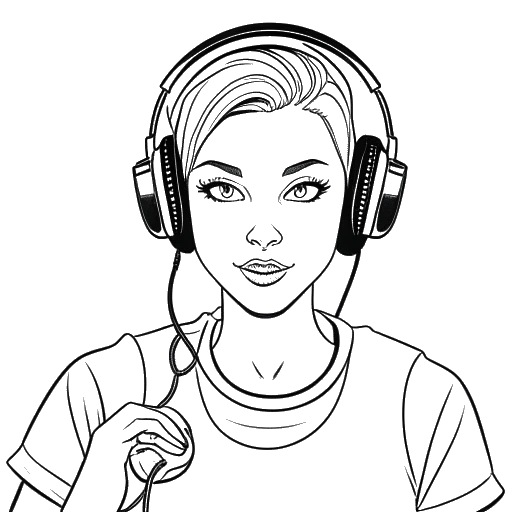 Line drawing of a woman, representing Brittany Venti, with headphones and exaggerated makeup, holding a gaming controller with a comic expression, against a white background.