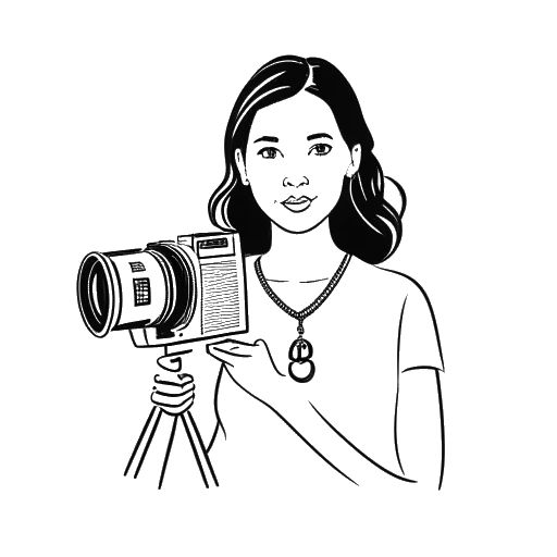 Strichzeichnung einer Frau, die Brittany Venti darstellt, mit einer Videokamera in der Hand, YouTube- und politische Symbole im Hintergrund