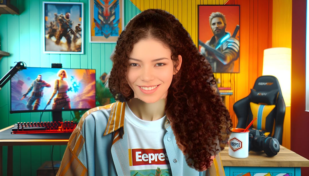 Brittany Venti, a confident and bold woman with fair skin and a slim body type, smiling and looking directly at the camera. The background is filled with vibrant colors and elements representing her sassy personality and interests like gaming and Starbucks. The setting is in a private streaming room with posters of her favorite games on the wall. She is wearing casual and trendy attire. This high-resolution image captures Brittany's captivating presence.