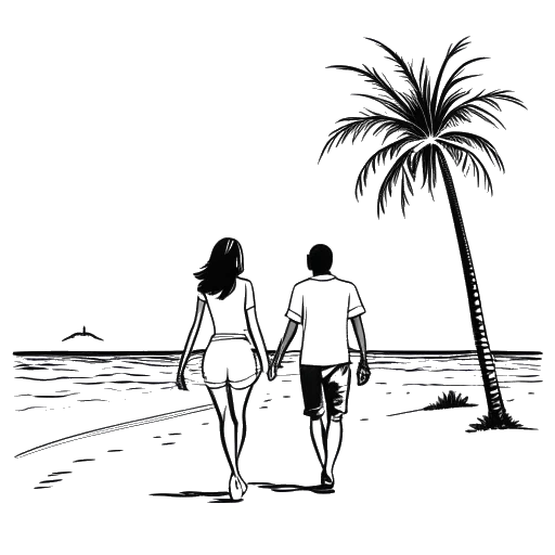 Strichzeichnung von Felix von der Laden und Chany Dakota, einem Mann und einer Frau, die Hand in Hand an einem Strand mit Palmen spazieren.