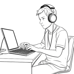 Strichzeichnung von Felix von der Laden, einem jungen Mann mit Headset, der vor einem Computer sitzt und ein Gaming-Video aufnimmt.