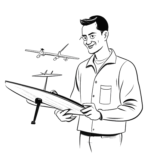 Strichzeichnung eines Mannes, der Felix von der Laden repräsentiert und Luftfahrtblogs liest, mit einem Flugzeug im Hintergrund, vor einem weißen Hintergrund.