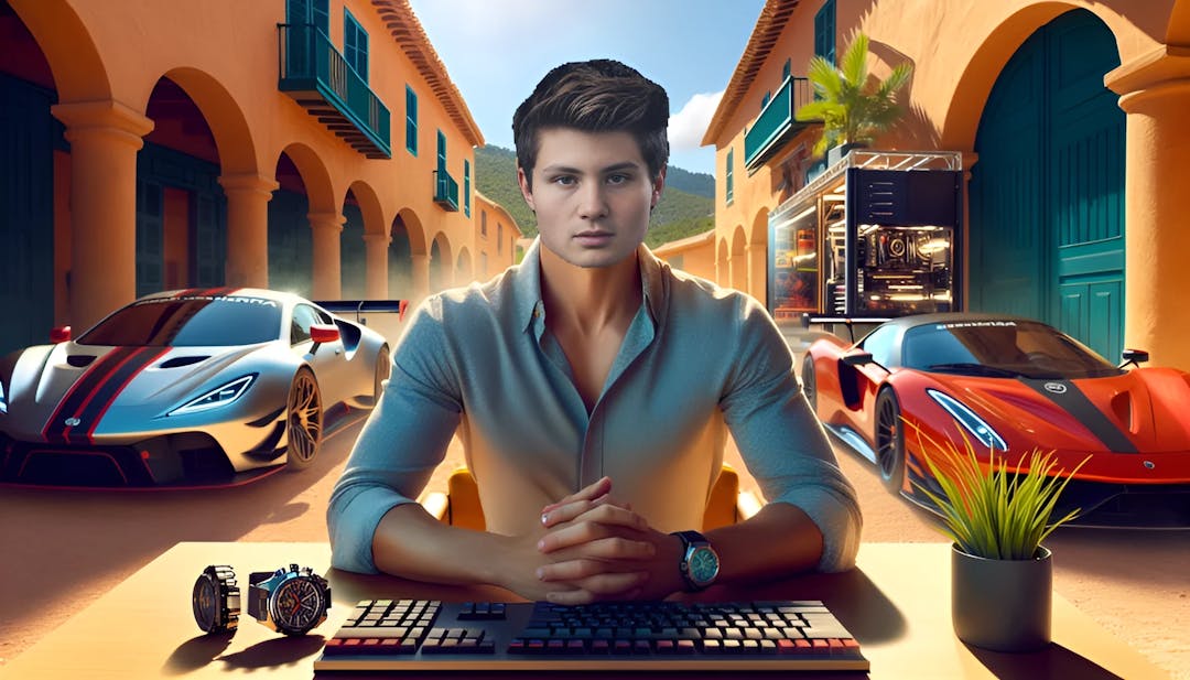 Felix Von Der Laden, schaut selbstbewusst in die Kamera mit einem Rennwagen und einem Hightech-Gaming-Setup im Hintergrund, eingebettet in die malerische Architektur von Mallorca.
