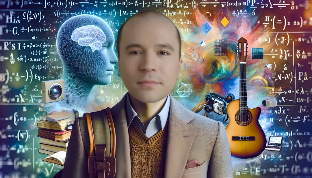 Greg Brockman, a male figure with fair skin, surrounded by mathematical equations and AI-related concepts. Dressed in smart casual attire, with a guitar and books in the scene, hinting at diverse interests and a passion for AI. Vibrant and detailed image capturing the essence of Greg Brockman.