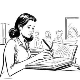 Dibujo de arte lineal de una mujer, personificando a Brittany Renner, en un evento de firma de libros con una pantalla de televisión detrás suyo mostrando una escena de un drama, todo en un fondo blanco.