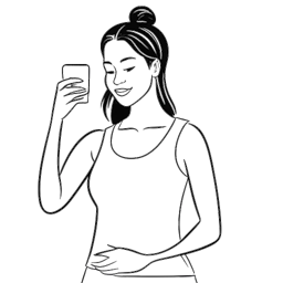Disegno in stile line art di una donna, simboleggiante Brittany Renner, con abbigliamento fitness mentre si fa un selfie, circondata da icone di notifica che indicano coinvolgimento sui social media, il tutto su uno sfondo bianco.