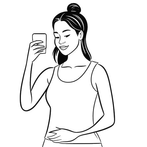 Lijntekening van een vrouw, symboliserend Brittany Renner, in fitnesskleding die een selfie neemt, omringd door meldingspictogrammen die wijzen op social media betrokkenheid, alles op een witte achtergrond.
