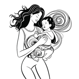 Line art drawing of a woman, mirroring Brittany Renner, holding a child with a protective stance in the midst of paparazzi camera flashes, all presented on a white background.