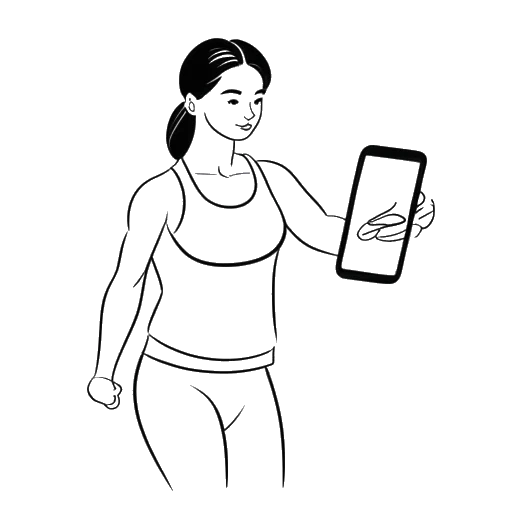 Lijntekening van een vrouw, die Brittany Renner vertegenwoordigt, in sportieve kleding die gewichten optilt en een boek vasthoudt, met een fitness-app geopend op een telefoon naast haar, waarbij haar diverse inkomstenstromen worden benadrukt.