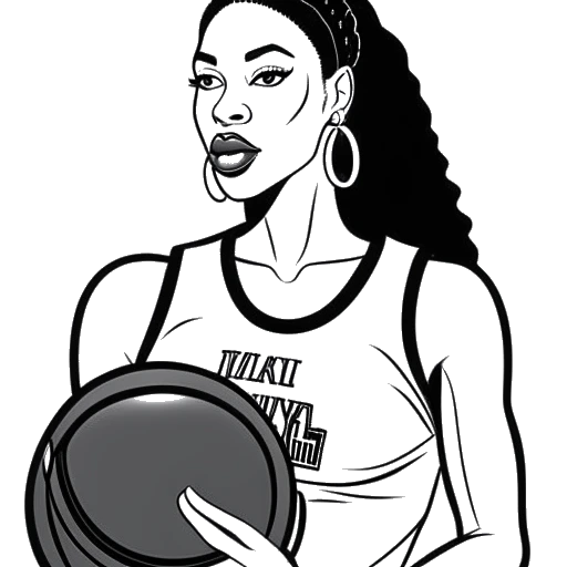 Desenho em arte linear de uma mulher representando Brittany Renner segurando uma bola de basquete, com um logo de 'Basketball Wives' ao fundo.