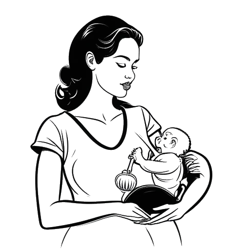 Desenho em arte linear de uma mulher representando Brittany Renner segurando um bebê, com um martelo e uma balança ao fundo.