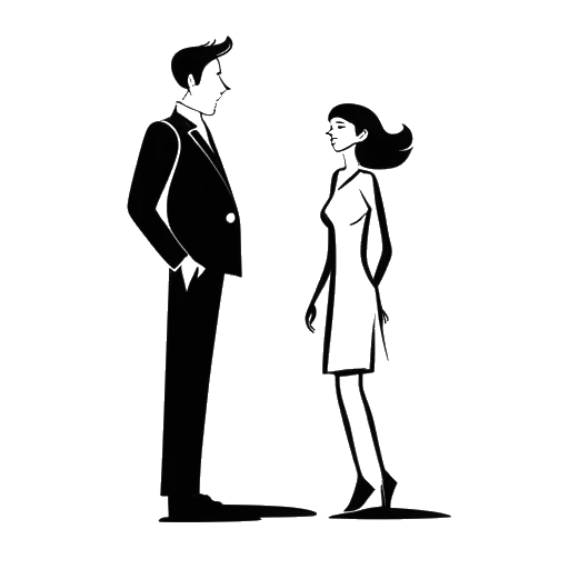 Line art drawing of a woman and a man representing Brittany Renner and PJ Washington standing together, with a question mark above them.
