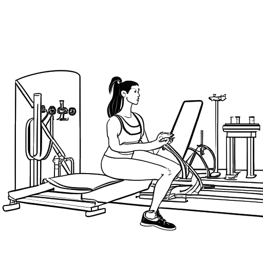 Disegno in bianco e nero di una donna che rappresenta Brittany Renner che fa un allenamento in una palestra, circondata da attrezzature fitness.