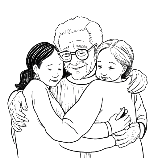 Line art drawing of a young girl representing Brittany Renner being embraced by her elderly grandparents.
