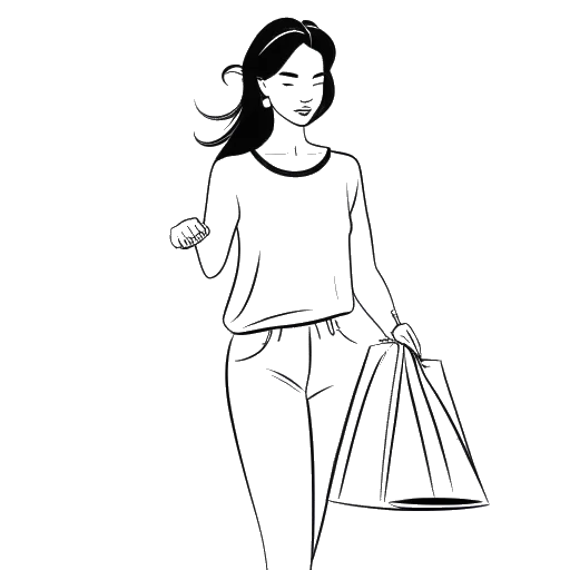 Dessin en art line d'une femme représentant Brittany Renner portant des vêtements de sport, avec un logo de sac de shopping en arrière-plan.