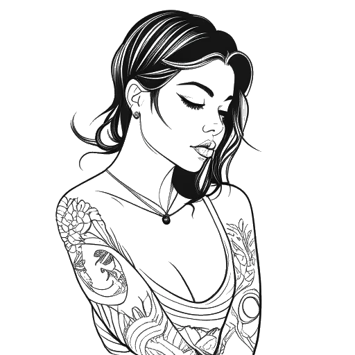 Line art drawing of a woman representing Brittany Renner showing her tattoos.