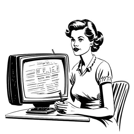 Disegno in bianco e nero di una donna che rappresenta Brittany Renner su un set televisivo, tenendo uno script.