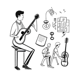 Dibujo de líneas de un hombre, representando a Jschlatt, pasando de ser un violonchelista a un creador digital, con símbolos de un deli, píxeles y un préstamo estudiantil. Todo ambientado en un fondo blanco.