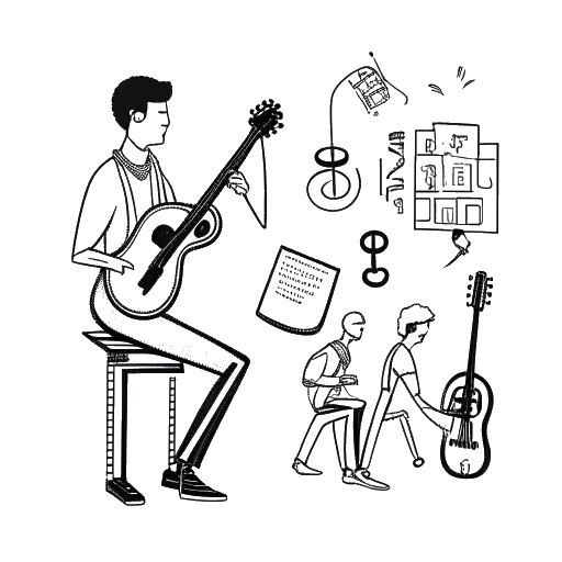 Line art drawing of a man, representing Jschlatt, transitioning from a cello player to a digital creator, encompassing symbols of a deli, pixels, and a student loan. All set against a white backdrop.