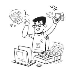 Desenho em arte linear de um homem, representando Jschlatt, se destacando na cena MLG e na criação de conteúdo de Minecraft, envolvido com elementos digitais simbolizando humor e profundidade emocional. Apresentado em um fundo branco.