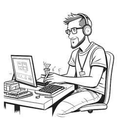 Line art drawing of a man, representing Jschlatt, co-founding a gaming group, participating in a Minecraft tournament, and displaying strategic acumen and charm. All against a white backdrop.