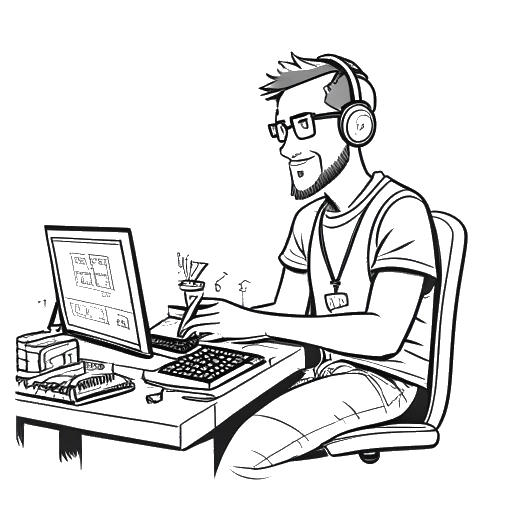 Line art drawing of a man, representing Jschlatt, co-founding a gaming group, participating in a Minecraft tournament, and displaying strategic acumen and charm. All against a white backdrop.