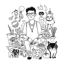 Line art drawing of a man, representing Jschlatt, exhibiting eccentricity, with a cat by his side, amidst quirky elements. All depicted against a white backdrop.