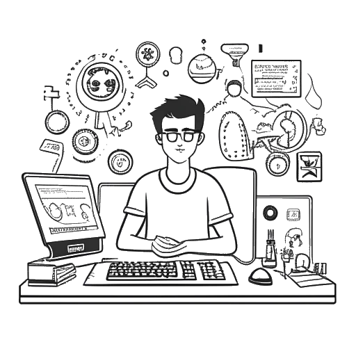 Line art drawing of a man representing Jschlatt in his mid-20s, with short hair and casual attire. He is seated behind a desk, equipped with a computer and microphone, surrounded by symbols denoting various revenue streams like a dollar sign, play button, and streaming icon. The background is white.
