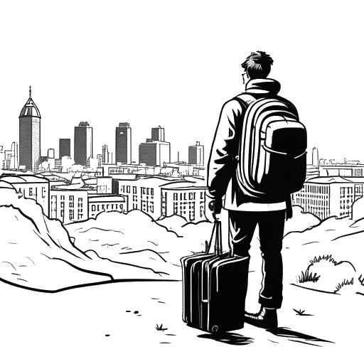 Line art drawing of a man carrying luggage with a snow-covered city in the background, representing Jschlatt.
