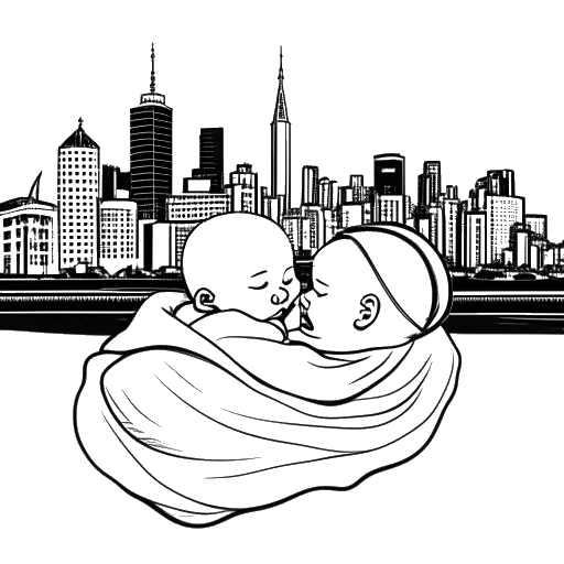 Lijntekening van een baby, die Jschlatt voorstelt, gewiegd in een deken met de skyline van New York City op de achtergrond.