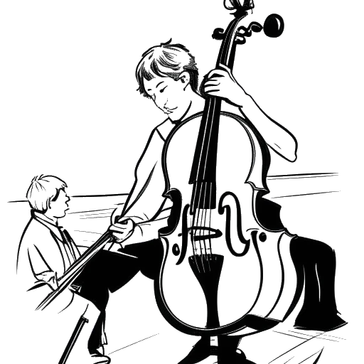 Dibujo de arte lineal de un niño tocando el violonchelo, representando a Jschlatt, con una orquesta en el fondo.