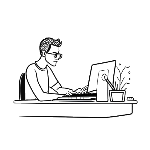 Dibujo de arte lineal de un joven trabajando en una computadora con un icono de candado simbolizando ciberseguridad, representando a Jschlatt.