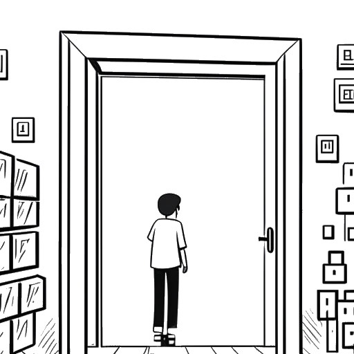 Line art drawing of a man entering a door labeled 'Dream SMP' with Minecraft blocks around it, representing Jschlatt.