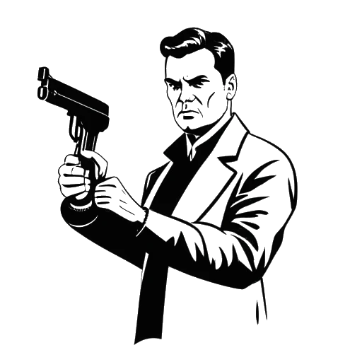 Disegno in stile line art di un uomo che tiene in mano una pistola, rappresentante Jschlatt.