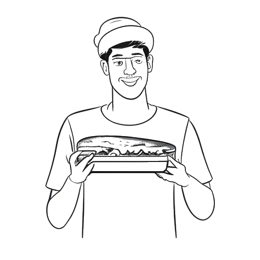 Line art drawing of a man holding a sandwich with a YouTube logo in the background, representing Jschlatt.