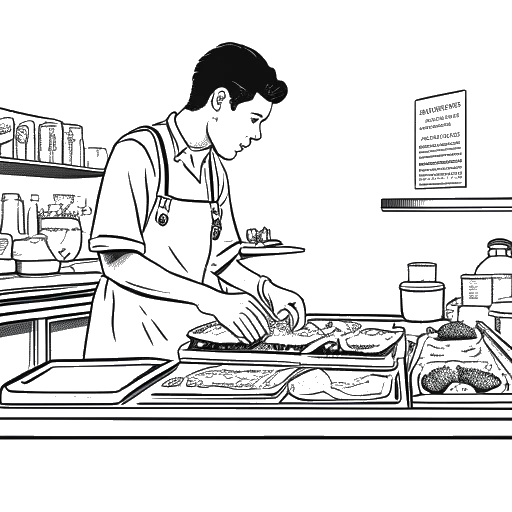 Dibujo de arte lineal de un joven preparando comida detrás de un mostrador de delicatessen, representando a Jschlatt.