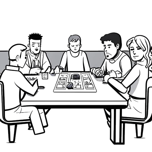 Line art drawing of a man joining a group of Minecraft players at a table, representing Jschlatt.