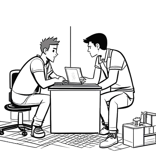 Line art drawing of two men collaborating on a Minecraft project, representing Jschlatt and Technoblade.