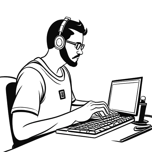 Dibujo de arte lineal de un hombre haciendo streaming en una computadora con un logo de Twitch en el fondo, representando a Jschlatt.